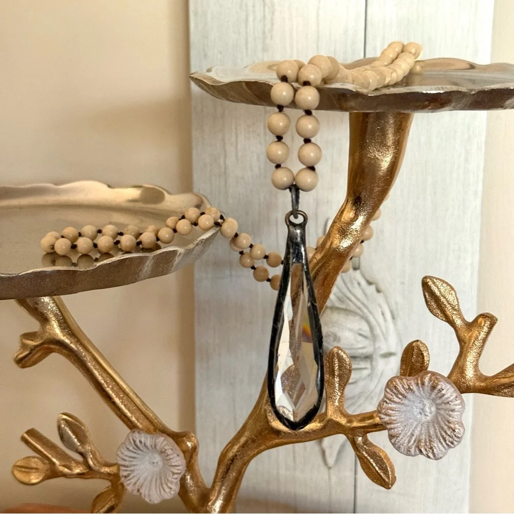 Elegant Cream Beaded Necklace with Vintage Italian Teardrop Crystal, 46” - Picture 5 of 6